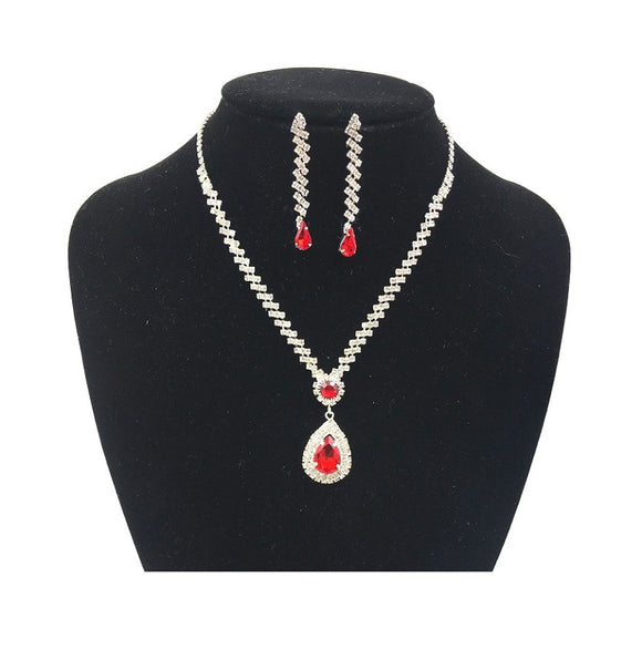 SILVER NECKLACE SET CLEAR RED STONES ( 0183 1R )