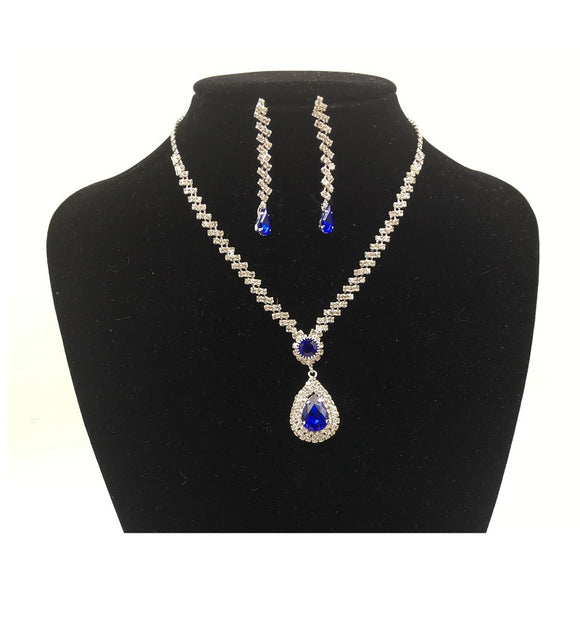 SILVER NECKLACE SET CLEAR BLUE STONES ( 0183 1S )