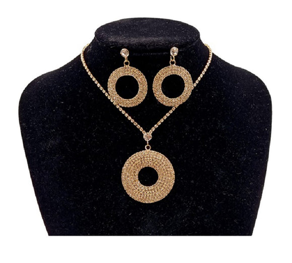 GOLD NECKLACE SET RINGS CLEAR STONES ( 0470 2C )