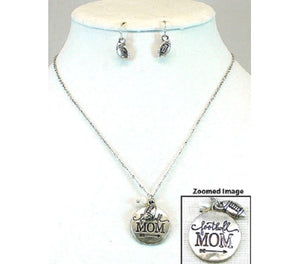 Burnish Silver Necklace with "Football MOM" Charm and Matching Dangling Earrings ( 0825 )