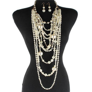 Cream Multi Layered Long Layered Pearl Necklace Set ( 0053 2CR ) - Ohmyjewelry.com