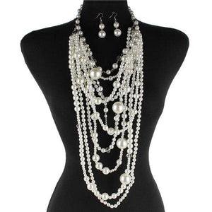 White Multi Layered Long Layered Pearl Necklace Set ( 0053 ) - Ohmyjewelry.com