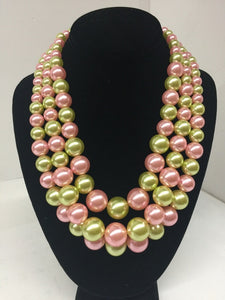 Light Pink and Green 3 Layer Graduating Pearl Necklace with Silver Hardware ( 0058 )
