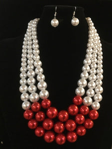 Red and White 3 Layer Graduating Pearl Necklace with Silver Hardware ( 0058 )