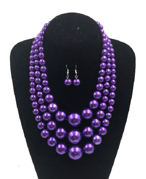 Purple Pearl Beaded Multi Size 3 Layer Necklace with Earrings ( 0059-3pu )