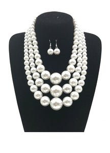 WHITE Pearl Beaded Multi Size 3 Layer Necklace with Earrings ( 0059 3W )