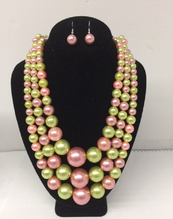 Pink and Green Pearl Beaded Multi Size 3 Layer Necklace with Earrings ( 0059-3PKGR )
