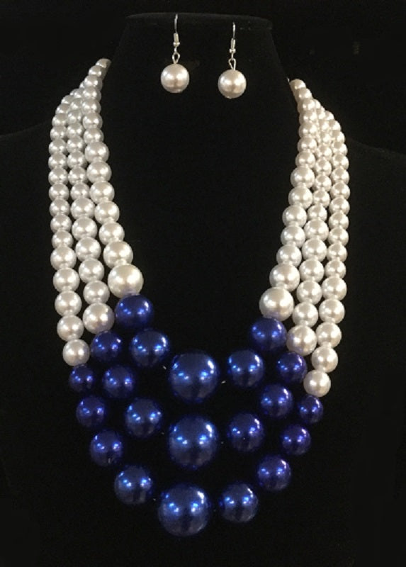 Blue and White Pearl Beaded Multi Size 3 Layer Necklace with Earrings ( 0059 )