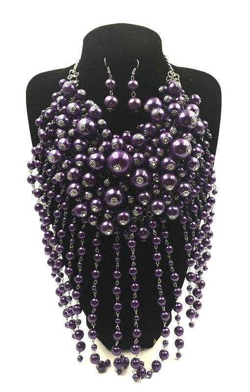 Purple Waterfall Pearl Statement Necklace with Matching earrings ( 0062 3PU ) - Ohmyjewelry.com