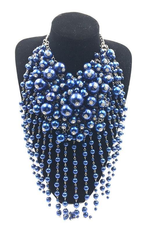 Royal Blue Waterfall Pearl Statement Necklace with matching earrings (0062 ) - Ohmyjewelry.com
