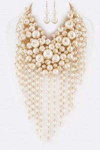 Cream Fun Bubble Waterfall Pearl Statement Necklace with Matching Earrings on Gold Hardware ( 0062 ) - Ohmyjewelry.com