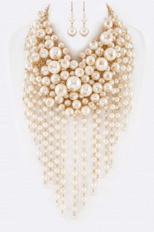 Cream Fun Bubble Waterfall Pearl Statement Necklace with Matching Earrings on Gold Hardware ( 0062 ) - Ohmyjewelry.com
