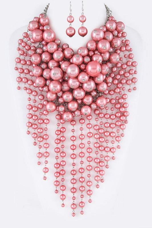 Pink Waterfall Pearl Statement Necklace with Matching Earrings on Silver Hardware ( 0062 ) - Ohmyjewelry.com