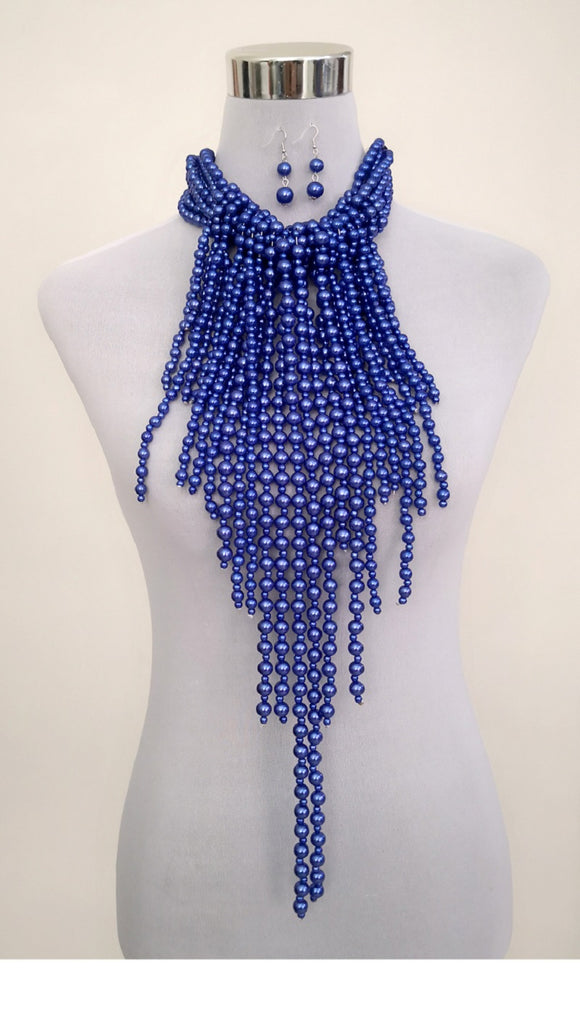 SILVER ROYAL BLUE PEARL NECKLACE SET(RB)