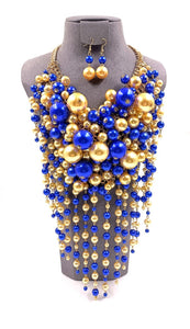 GOLD BLUE WATERFALL PEARL STATEMENT NECKLACE SET ( 0075 2GDRB )