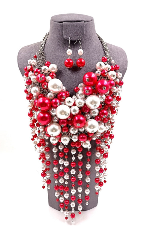 RED WHITE WATERFALL PEARL STATEMENT NECKLACE SET ( 0075 3RDWH )