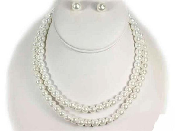 10mm Double White Pearl Necklace Set ( 10769 SWH ) - Ohmyjewelry.com