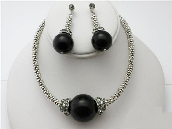 Single Black Pearl and Rhinestone Silver Necklace Set with Matching Earrings ( 12910 SBK )