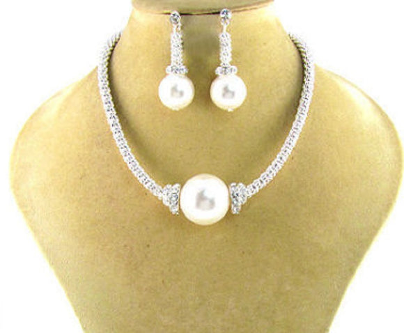 Single White Pearl and Rhinestone Silver Necklace Set with Matching Earrings ( 12910 SWH )