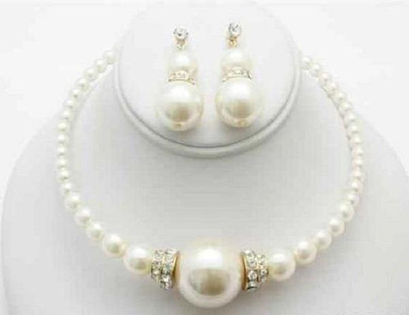 Cream Graduating Pearl Necklace with Ball and Gold Accents and Matching Earrings ( 13278 GCR ) - Ohmyjewelry.com