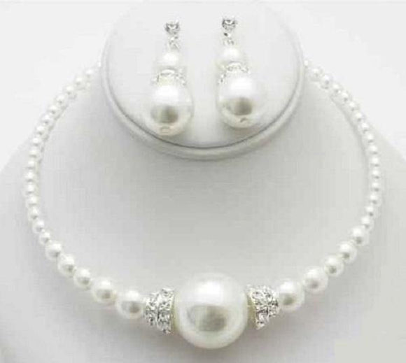 White Graduating Pearl Necklace with Ball and Silver Accents and Matching Earrings ( 13278 ) - Ohmyjewelry.com