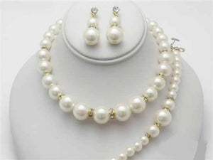 3 Piece Graduating Cream Pearl and Rhinestone Necklace Gold Set with Dangle Earrings ( 13727 GCR )