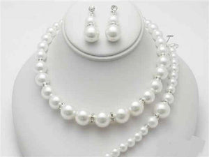 3 Piece Graduating White Pearl and Rhinestone Necklace Silver Set with Dangle Earrings ( 13727 ) - Ohmyjewelry.com