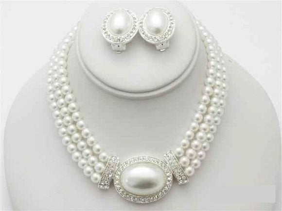 3 Line White Pearl Necklace Set with Oval Pendant and CLIP ON Earrings ( 13736 ) - Ohmyjewelry.com