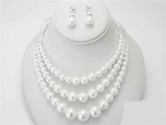 3 Layer White Pearl Necklace Set ( 14712 SWH )
