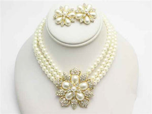 3 Row Cream Pearl and Rhinestone Flower Necklace Gold Set with Stud Earrings ( 14904 GCR )