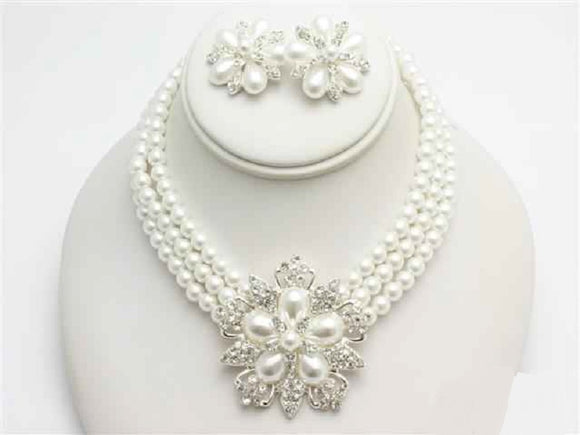 3 Row White Pearl and Rhinestone Flower Necklace Silver Set with Stud Earrings ( 14904 SWH )