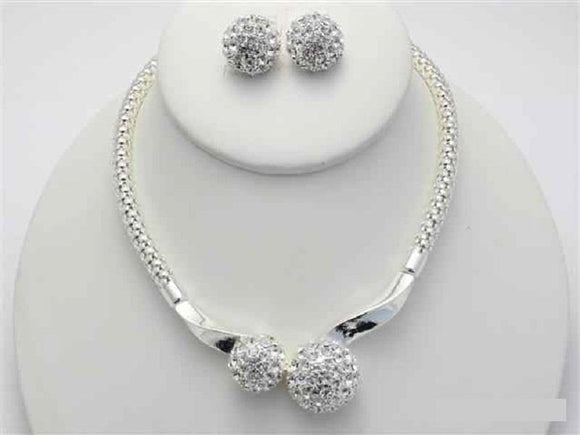 Silver with Clear Dome Rhinestone Necklace Set ( 17801 S ) - Ohmyjewelry.com