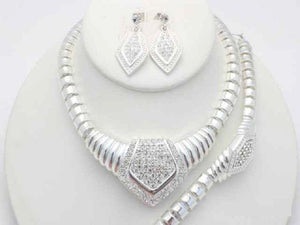 3 Piece Silver with Clear Rhinestone Necklace Set ( 18476 S ) - Ohmyjewelry.com