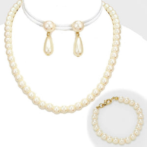 3 Piece 10mm Cream Pearl Necklace, Earrings, and Bracelet Set ( 3275 )
