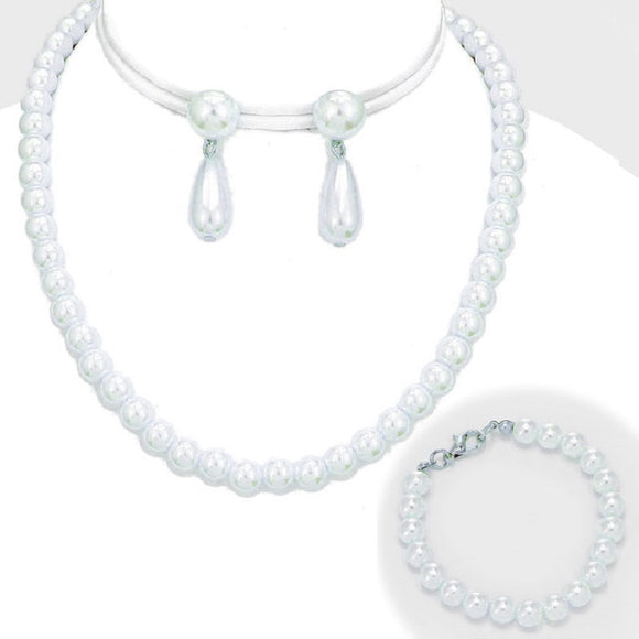 3 Piece 10mm White Pearl Necklace, Earrings, and Bracelet Set ( 3275 )