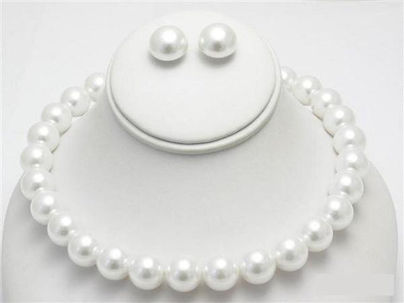15mm Single Line White Pearl Necklace with Stud Earrings ( 3929 WH ) - Ohmyjewelry.com