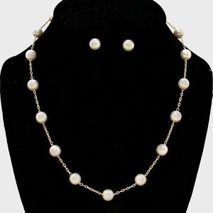Cream Pearl Ball Necklace with Stud Earrings ( 3949 GCR ) - Ohmyjewelry.com