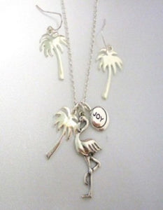 Silver Flamingo and Palm Tree Charm Necklace with Matching Flamingo Earrings ( 4165 )