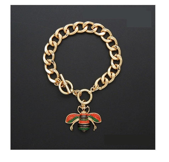 GOLD BEE RED BLACK GREEN TOGGLE CHARM BRACELET ( 2210 ) - Ohmyjewelry.com