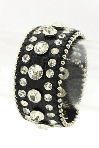 Black Leather Snap Bracelet with Clear Stones