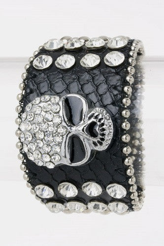 Black Leather Snap Bracelet with Rhinestone Skull(TB 4025)