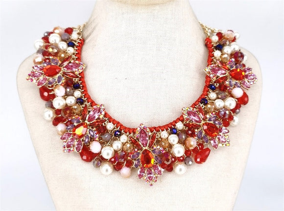 GOLD NECKLACE SET RED STONES PEARLS ( 1571 GDRD )