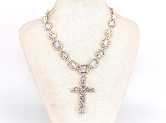 GOLD WHITE CROSS NECKLACE CLEAR STONES ( 1656 GDCL )