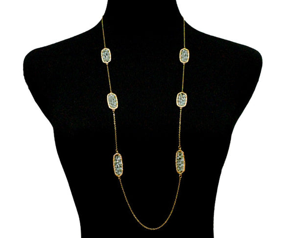 Long Oval Blue Glass Beaded Gold Wire Wrapped Necklace