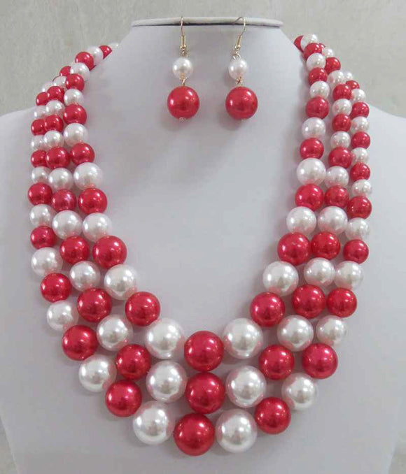 3 STRAND RED WHITE PEARL NECKLACE SET ( 593 RDWT )