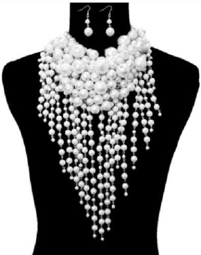 White Waterfall Pearl Statement Necklace with Matching Earrings ( 0062 WH ) - Ohmyjewelry.com