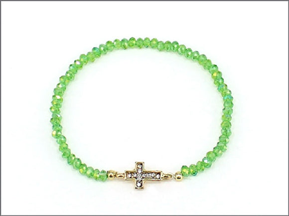 GOLD GREEN STRETCH BRACELET WITH GOLD CROSS ( 0435 )