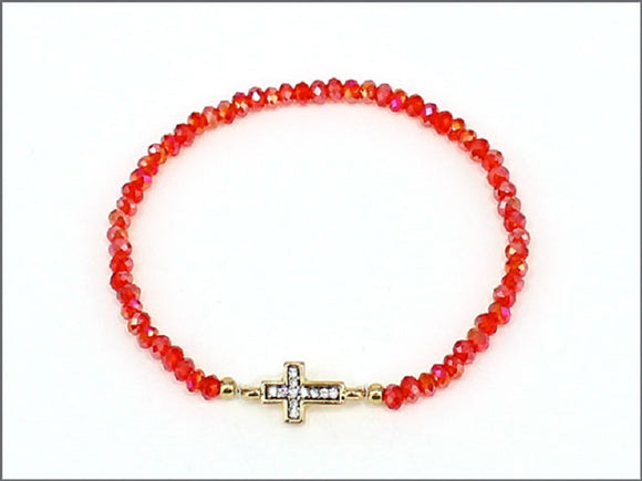 GOLD RED STRETCH BRACELET WITH GOLD CROSS ( 0435 )