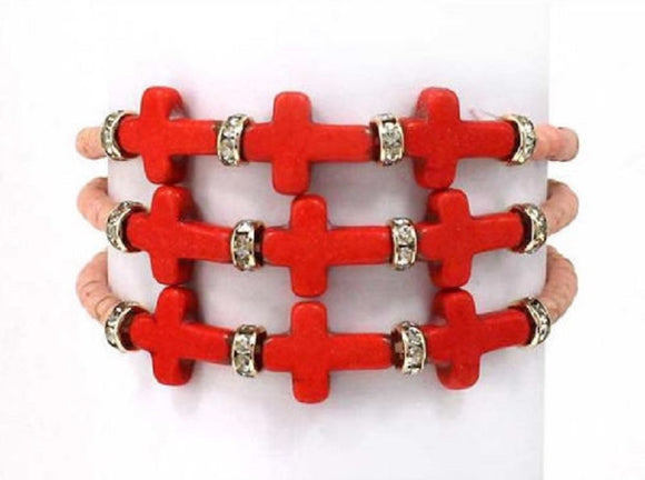 Coral and Pink Beaded Cross Beaded Wrap Around Stretch Bracelet ( 0660 )