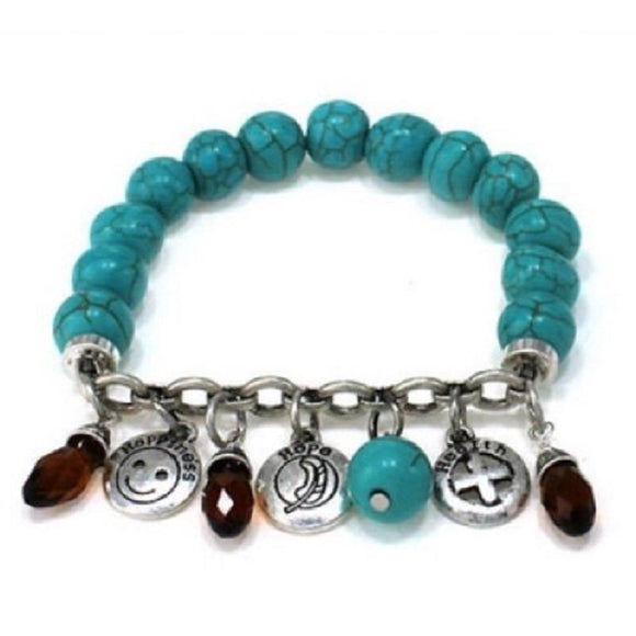 Turquoise Beaded Stretch Bracelet with Happy Health and Hope Silver Charms ( 0726 )
